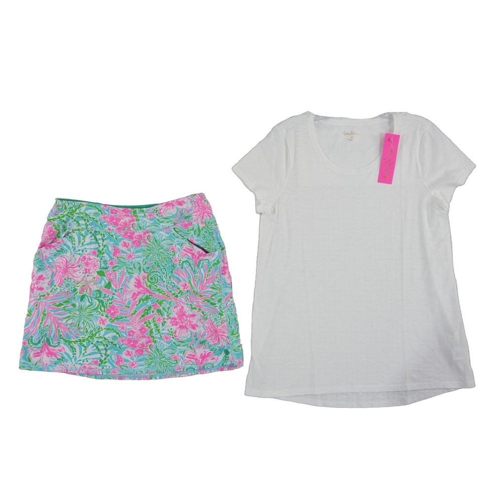 NEW Lilly Pulitzer Set Women's Size Medium White Pink Luxletic Skort Cotton Top